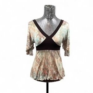 Vintage‎ Y2K Romantic Babydoll Top Small Flutter Sleeve Boho Tie-Back Earthy